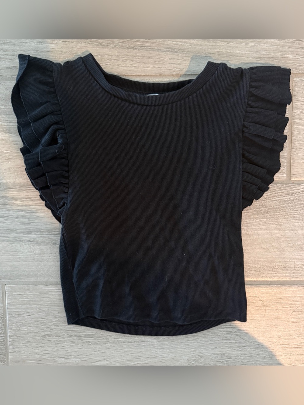 Zara Black Ribbed Ruffle Sleeve Top XS